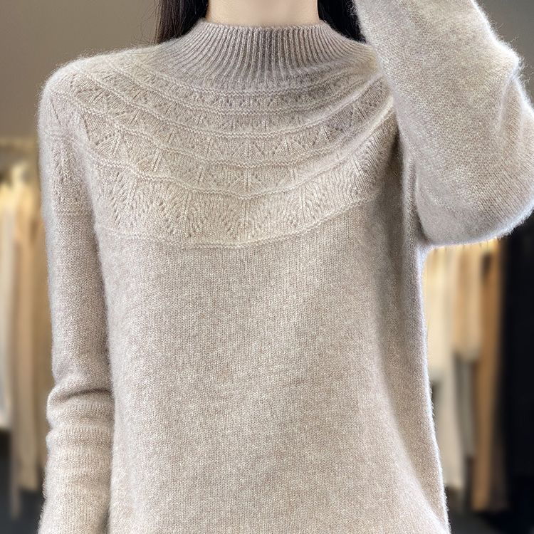 Seamless Knit Semi High Neck Women Long Sleeve Sweater Loose Fit Slimming Pullover Top