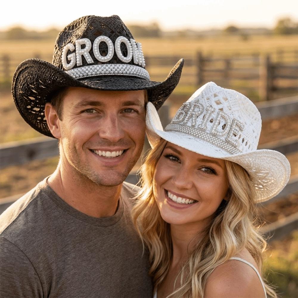 Rhinestone Letter Western Cowboy Hat Hollow Cowgirl Hat Jazz Hat For Wedding Bachelorette Party
