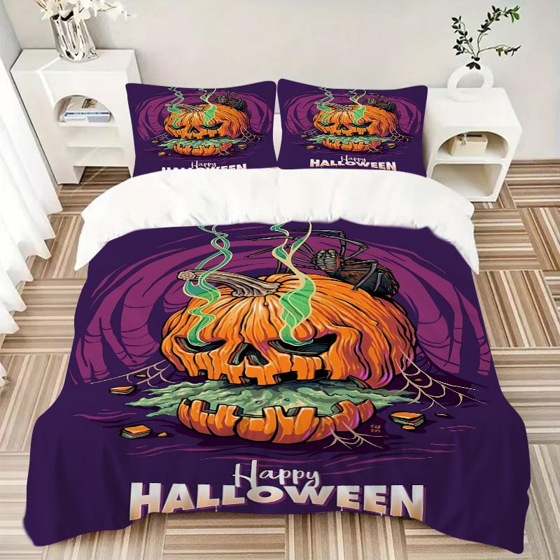3pcs Halloween Pumpkin Duvet Cover Set - Machine Washable, Includes 1 Cover and 2 Pillowcases, No Core Included Yy251013063