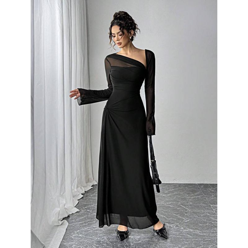 Europe, America 2026 summer new asymmetrical neckline long sleeve elegant fashion temperament dress women