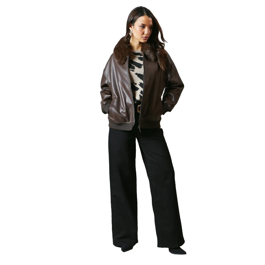 Principles Womens/Ladies Leather Faux Fur Collar Bomber Jacket