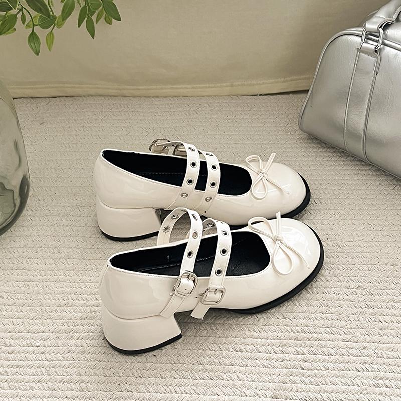 

Fashion French Vintage Block Heel Mary Jane High Heels 2025 New Spring and Autumn Shallow Bow with Skirt Small Leather Shoes 40