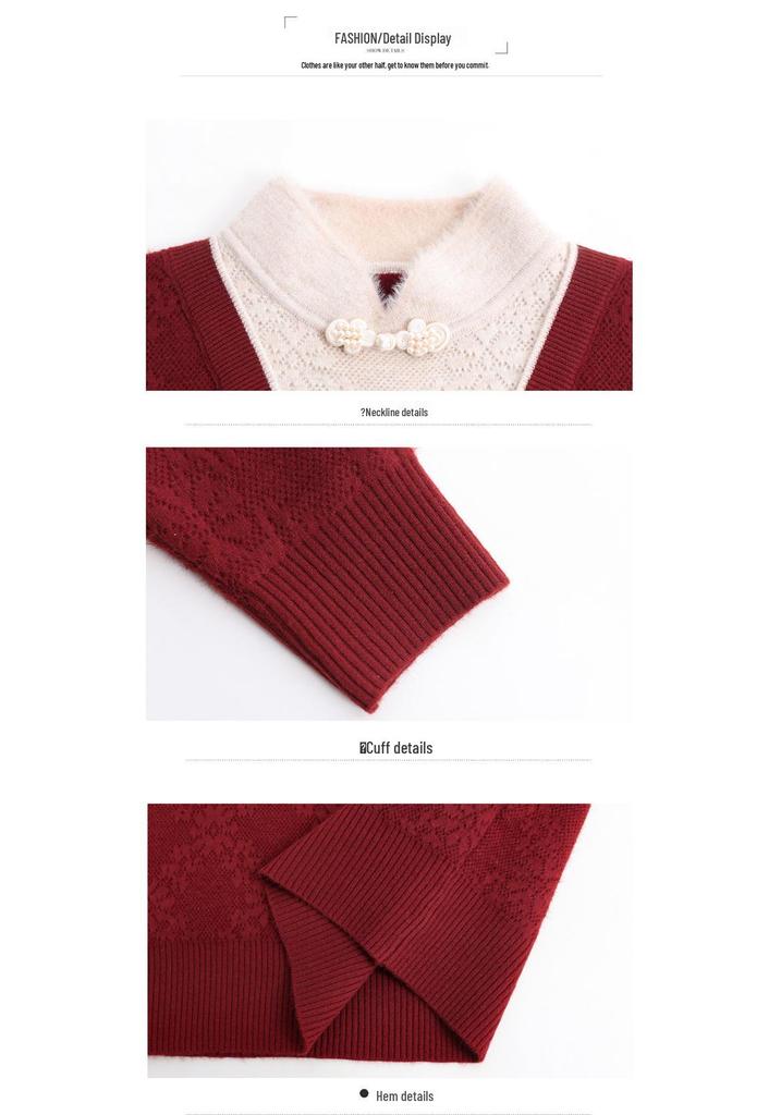 Women's Year of the Rat Winter Knit Top: Plus Velvet, Thickened Faux Two-Piece Sweater for Middle-Aged & Elderly