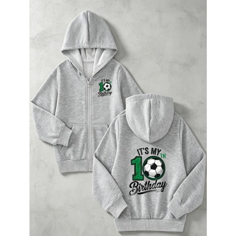Kid Zip Up Hoodie Soccer Ball Letter Graphic Print Long Sleeve Loose Hooded Jacket Boys Sports Outerwear