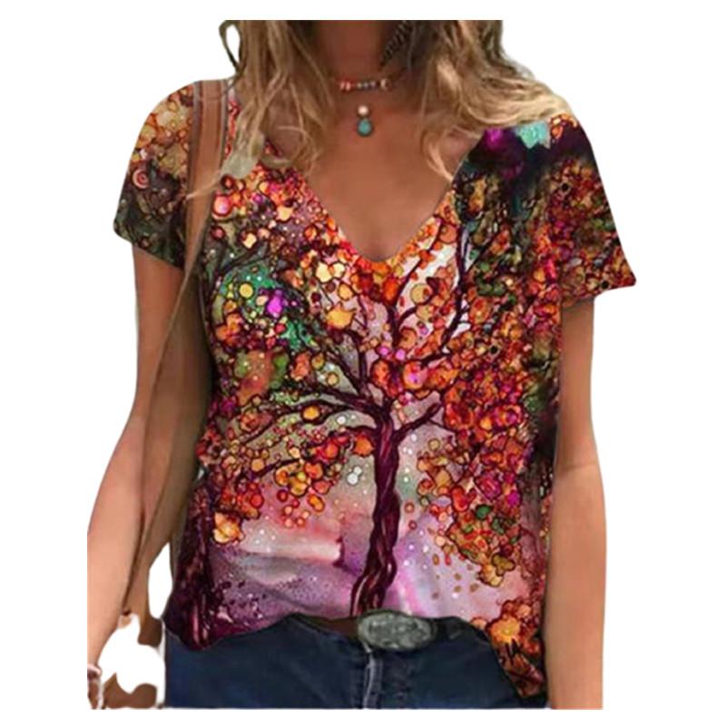 5XL Tree Print Big Size 2021 Women Loose T-Shirts V-Neck Short Sleeve Summer Casual Tee Tops Lady Oversized Streetwear T-Shirt