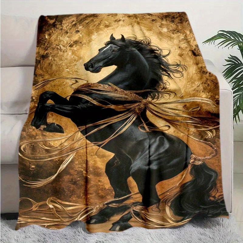 Contemporary Golden Black Mane Horse Pattern Polyester Bed Blanket - Tear Resistant, Hand Wash, All Seasons Knitted Sofa Bed