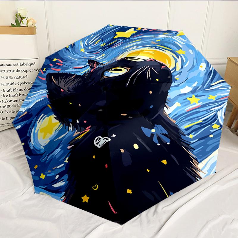 Starry Night Cat 8-Frame for Travel, Camping, Casual Lightweight Portable Umbrella, Essential for Every Family Holidays Birthday Gift
