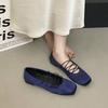 Blue satin retro square head cross strap Mary Jane shoes summer new flat bottom shallow mouth single shoes women