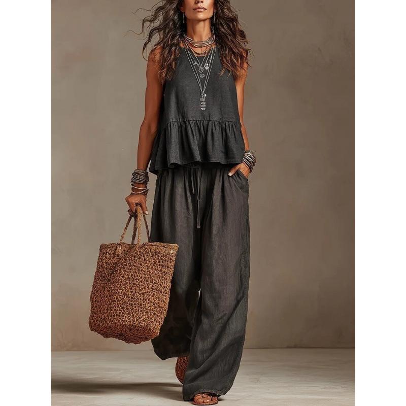 Women Solid Color Sleeveless Tank Top And Drawstring Waist Wide Leg Pants Casual Loose Fit Two Piece Set Summer Outfit