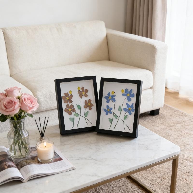 Handmade Sea Glass Art Frame Table Decors Forget Me Not Flower Birds Sea Glass Table Art Decors Gift for Friend