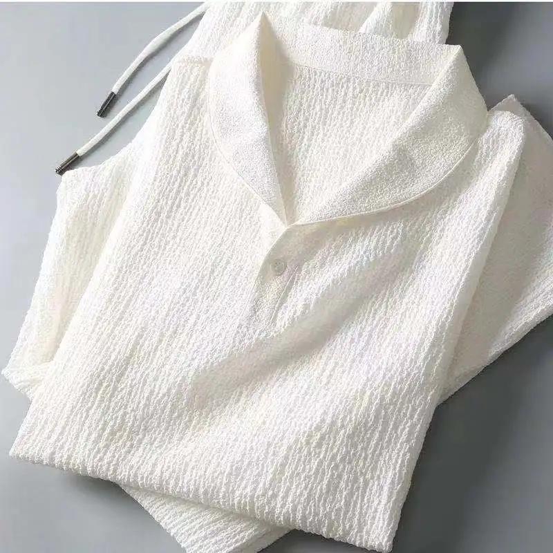 Sommer Modisches Trendy Herren Baumwolle Leinen 2-teiliges Set Casual Sportanzug Schalkragen Weißes Kurzarm T-Shirt