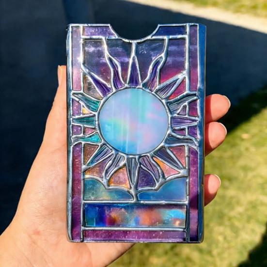Stained Glass Tarot Deck Case Mystical Sun And Moon Tarot Card Holder Handcrafted Tarot Storage Protector for Standard Size Playing Cards