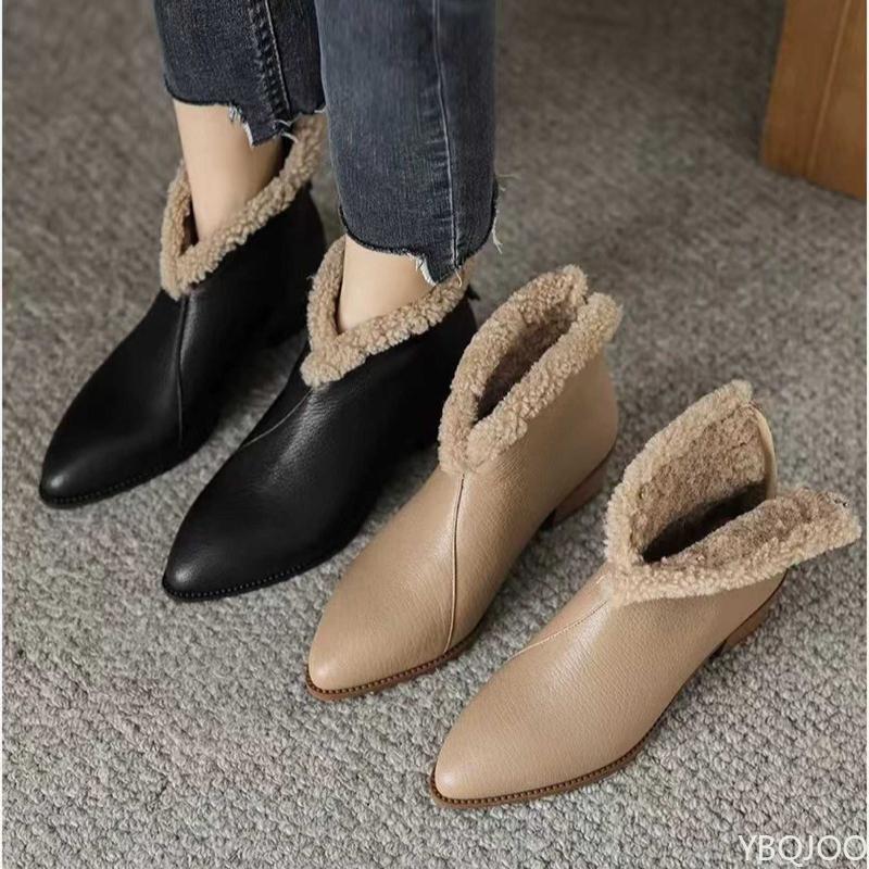 Autumn winter new retro pointed warm short boots thick heel versatile simple comfortable temperament women's boots