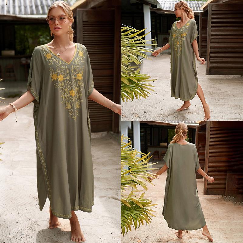"European & American Embroidered Cotton Maxi Skirt: Women's Beach Sun Protection Robe"