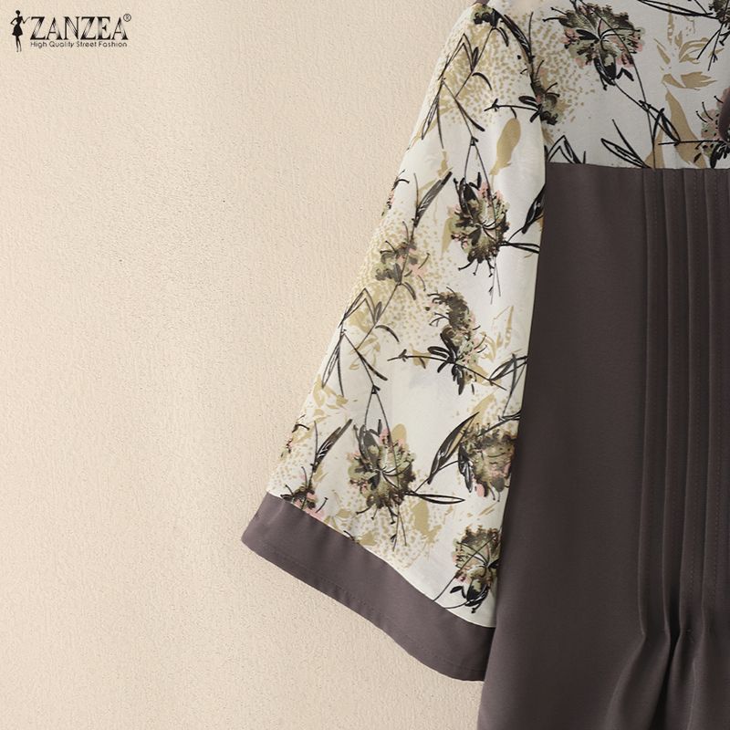 ZANZEA Women Casual Round Neck Print Splice Loose Half Sleeve Blouse