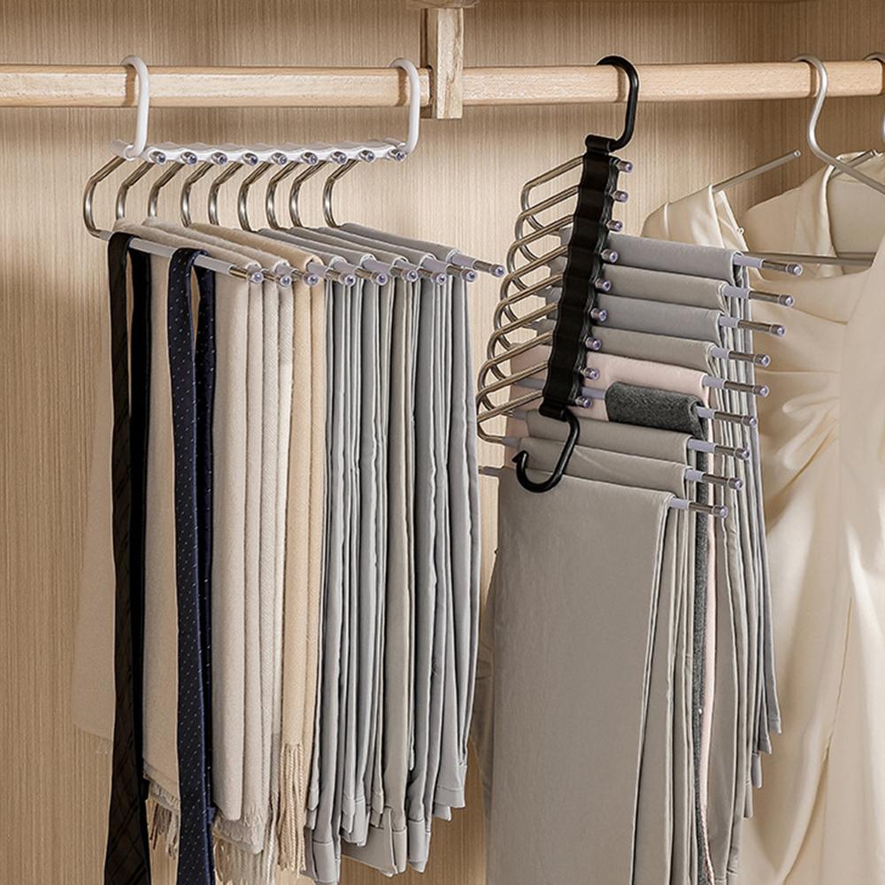 Stainless Steel Multi-Layer Pants Hanger, Foldable 5-Tier Closet Organizer, Non-Slip Space-Saving Rack for Jeans/Skirts