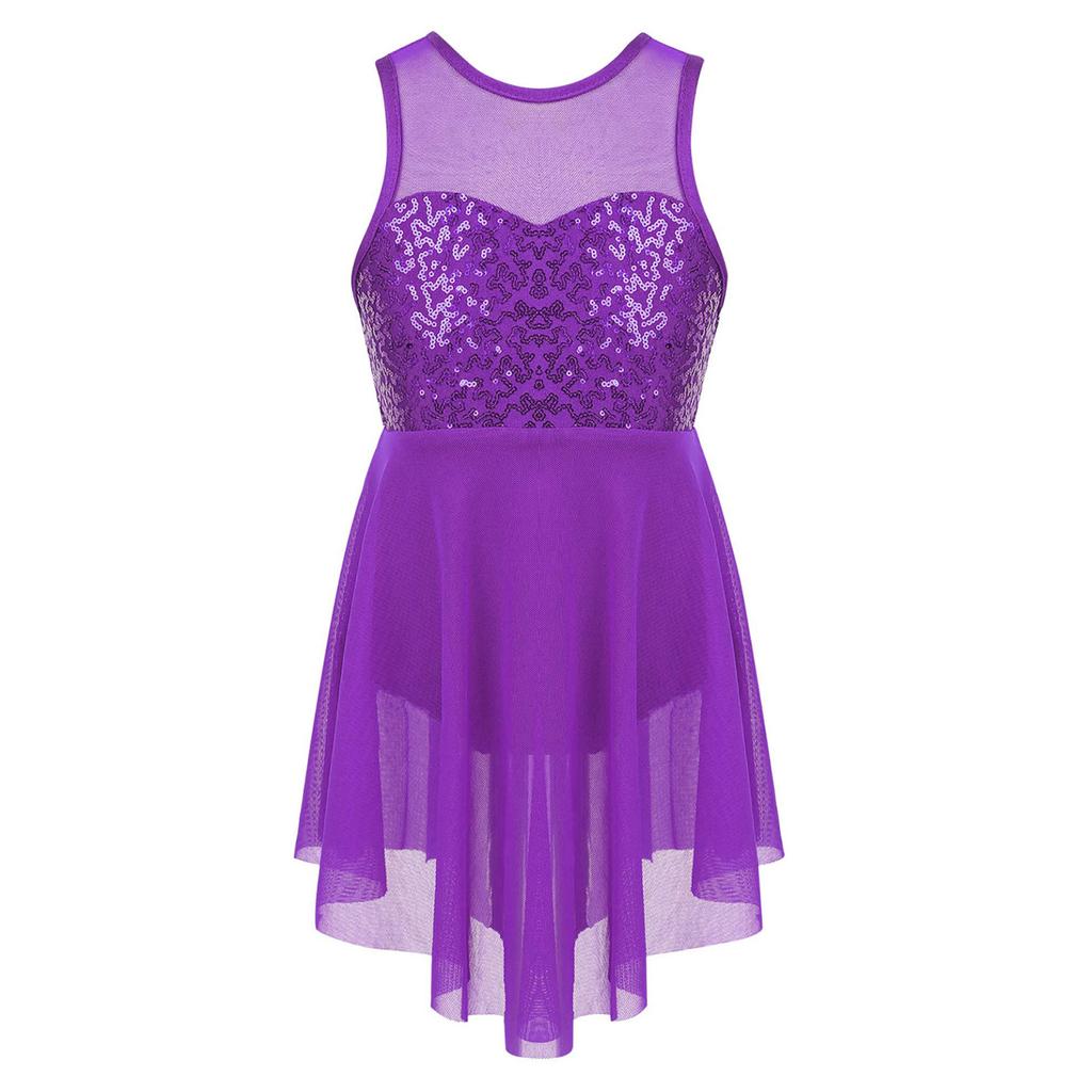 Kids Girls Modern Lyrical Dance Costumes Sleeveless Sequins Criss-Cross Back Ballet Irregular Leotard Dress