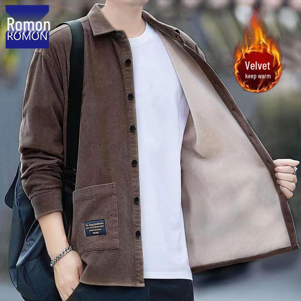 Romon Men's Fleece-Lined Corduroy Warm Shirt Jacket - Iron-Free Autumn/Winter Workwear