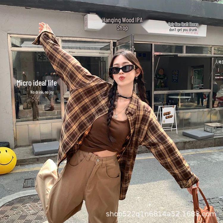 

Женская рубашка в клетку в стиле ретро с длинным рукавом - Легкая, свободного кроя, защита от солнца, стиль весна/осень Medium