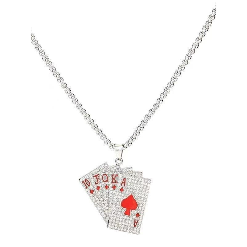 European and American Fashion Hip-hop Retro Poker Necklace Men's Personality Couple Diamond-Embedded Flush Pendant Sweater Chain Jewelry