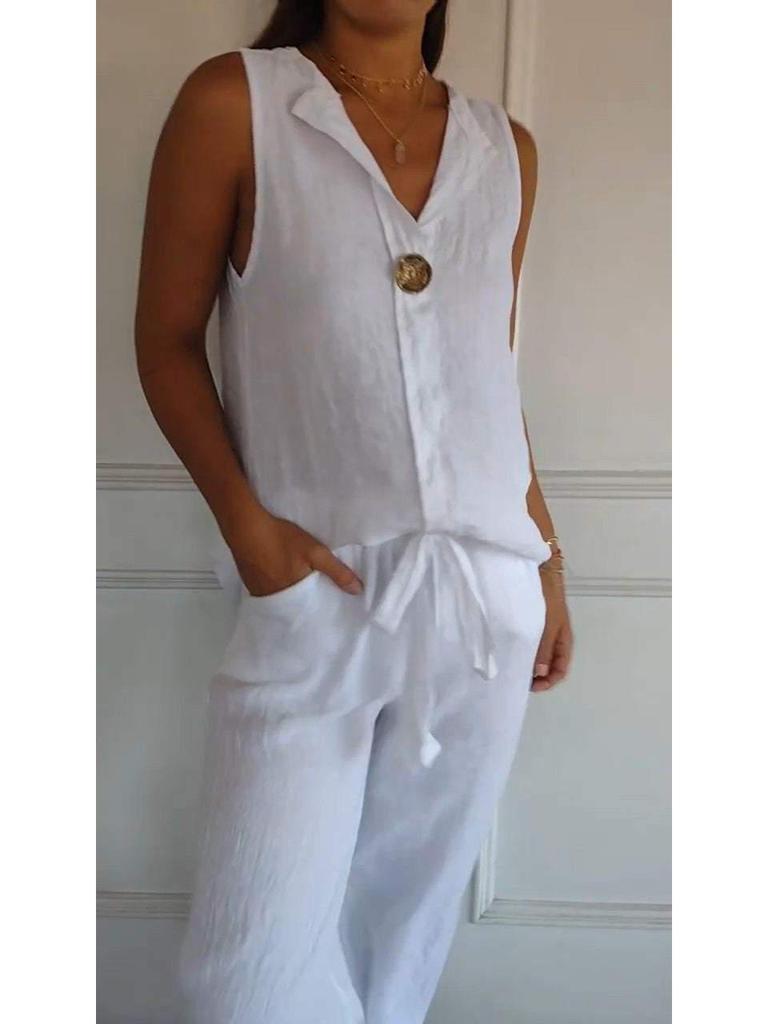 2026 New Women's Cotton Linen Sleeveless Casual Top with Faux Cardigan Collar
