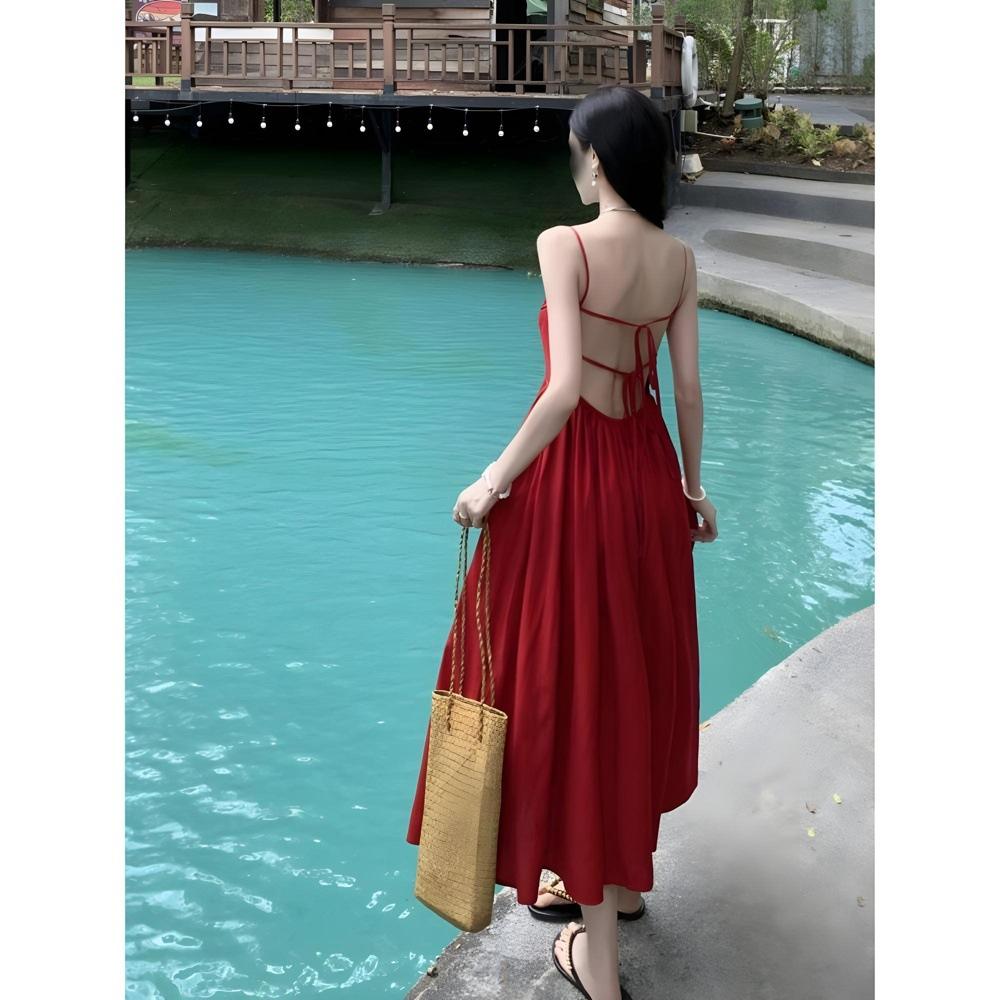 Rot Halter-Trägerkleid im Strandurlaubsstil   Temperament tragen langes Kleid Sommer