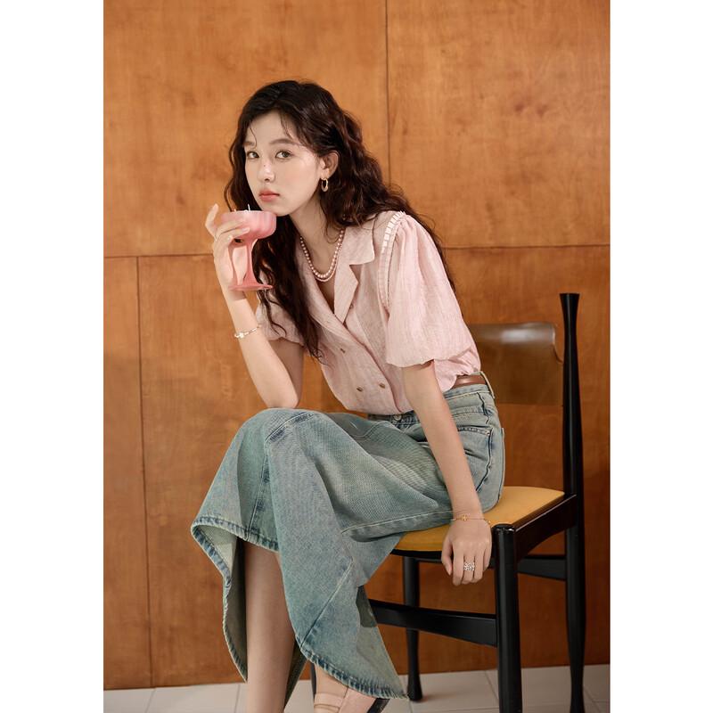 Mishow Retro Pink Short Sleeve V-Neck Shirt L