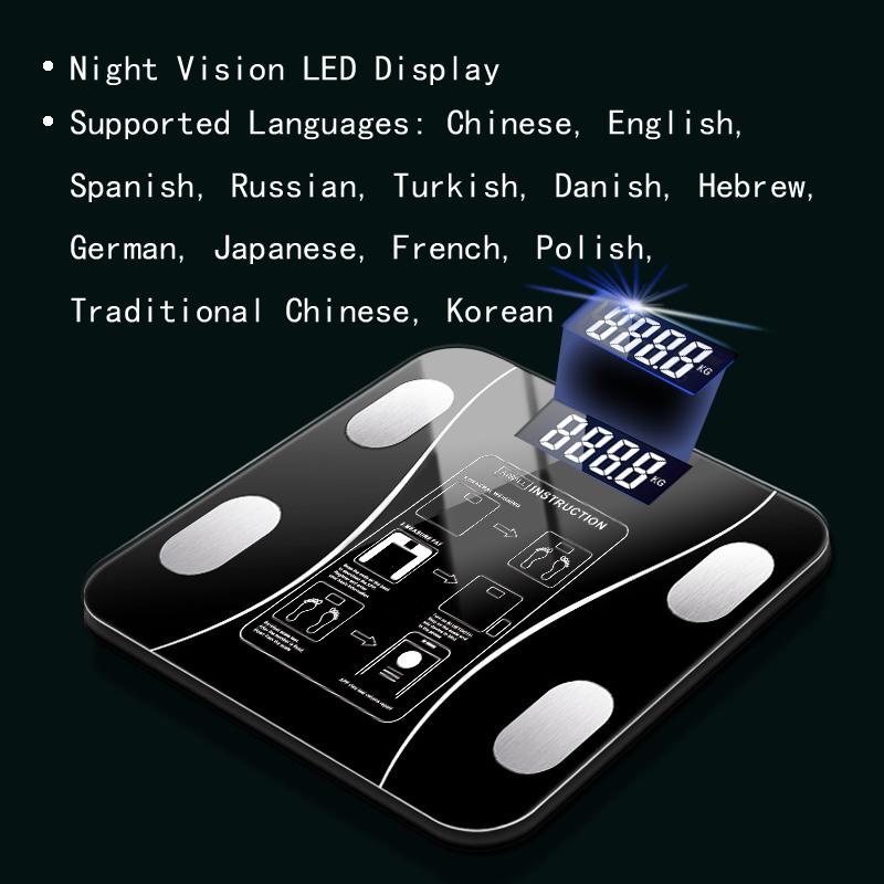 Venta de básculas de baño de precisión negras, analizador electrónico inteligente de composición de IMC, báscula de grasa corporal compatible con Bluetooth