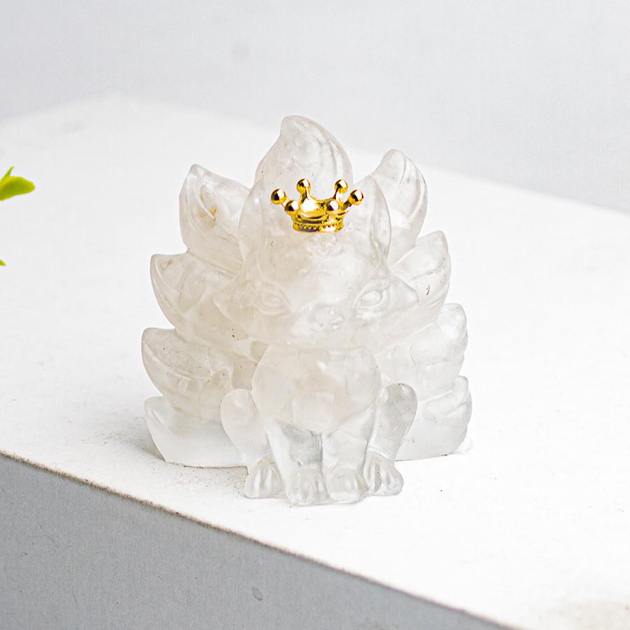 

Natural Crystal Resin Crown Nine Tails Fox Desk Ornament For Home Office Decor Gift Style A