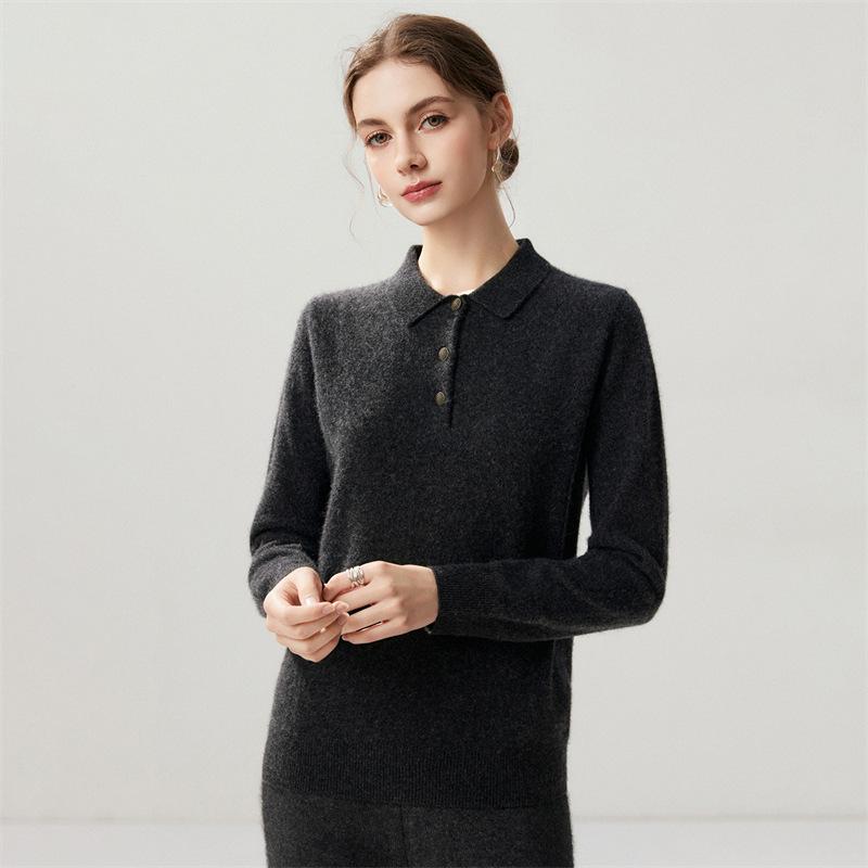 Lekasha Women's Cashmere Goat Wool Polo Collar Loose Knit Sweater - 12-Gauge Long Sleeve Base Layer for Autumn/Winter