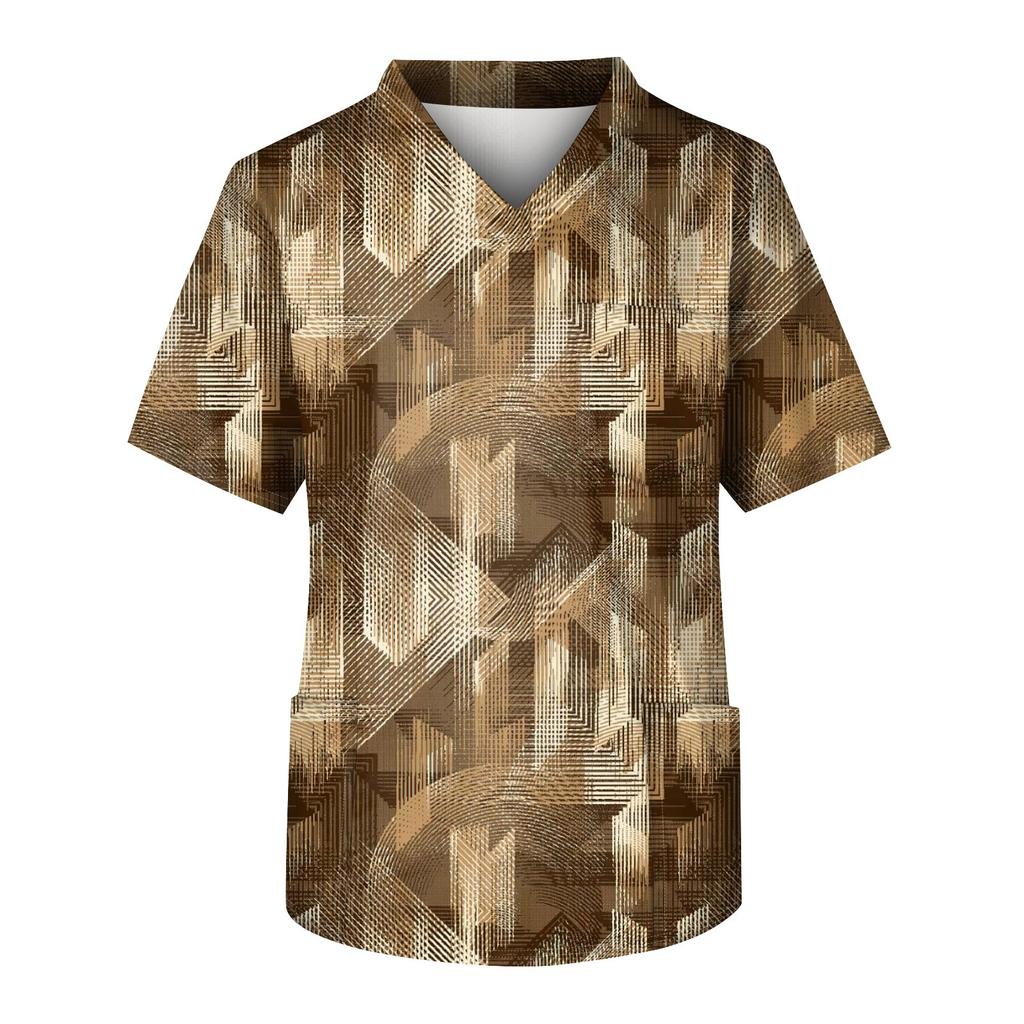 Men's Printing Short Sleeve V-neck Working Blouse Chest Pocket Carer Top