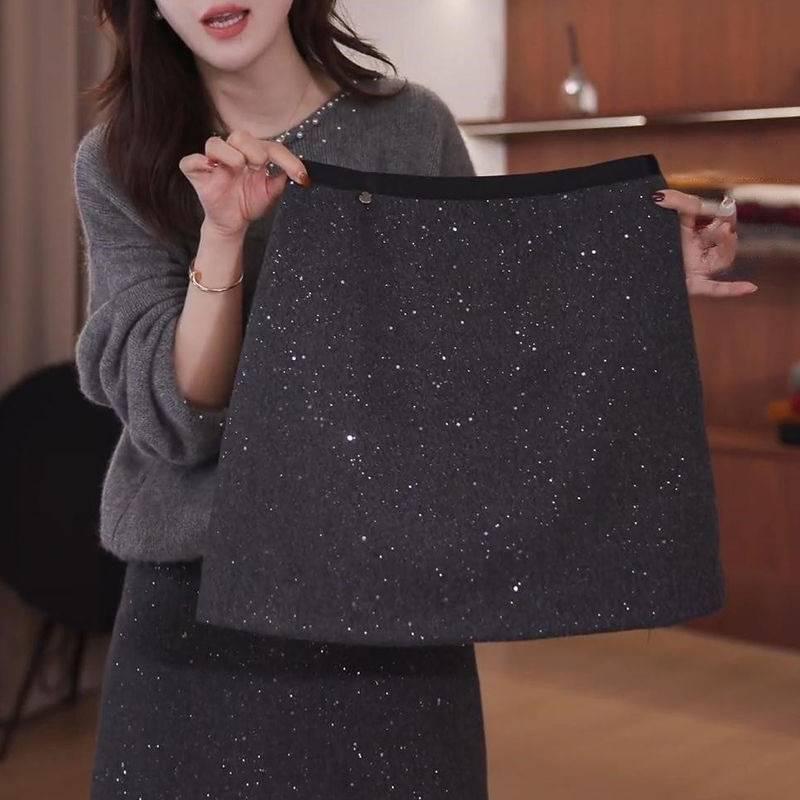 

Шерстяная миди-юбка А-силуэта большого размера - Блестящая, с высокой талией, облегающая, Коллекция Осень/Зима M for 100-110 jin темно-серого