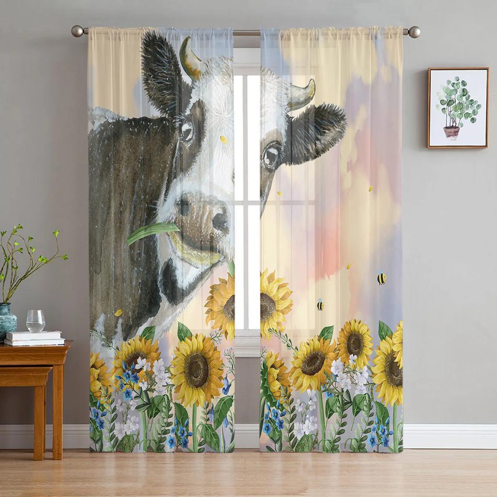 Summer Cactus Cow Skull Retro Chiffon Curtains Living Room Bedroom Home Decoration Window Voiles Tulle Curtain Sheer Made Of Polyester Area Decor