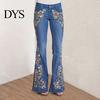 Women Mid Waist Jeans Floral Embroidery Flared Leg Button Zipper Closure with Pockets Plus Size Trousers Long for Dating Daily Wear Commuting