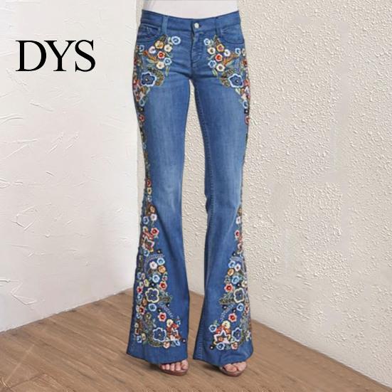 Women Mid Waist Jeans Floral Embroidery Flared Leg Button Zipper Closure with Pockets Plus Size Trousers Long for Dating Daily Wear Commuting