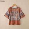 ZANZEA Women Summer Casual Square Collar Half Sleeve Loose Ethnic Print Blouse