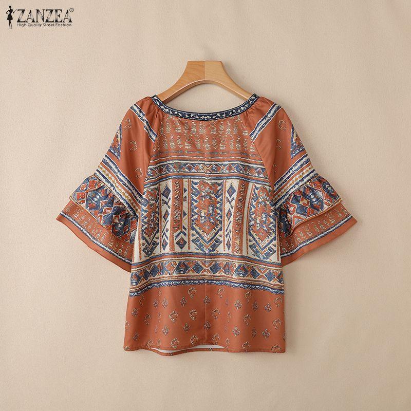 ZANZEA Women Summer Casual Square Collar Half Sleeve Loose Ethnic Print Blouse