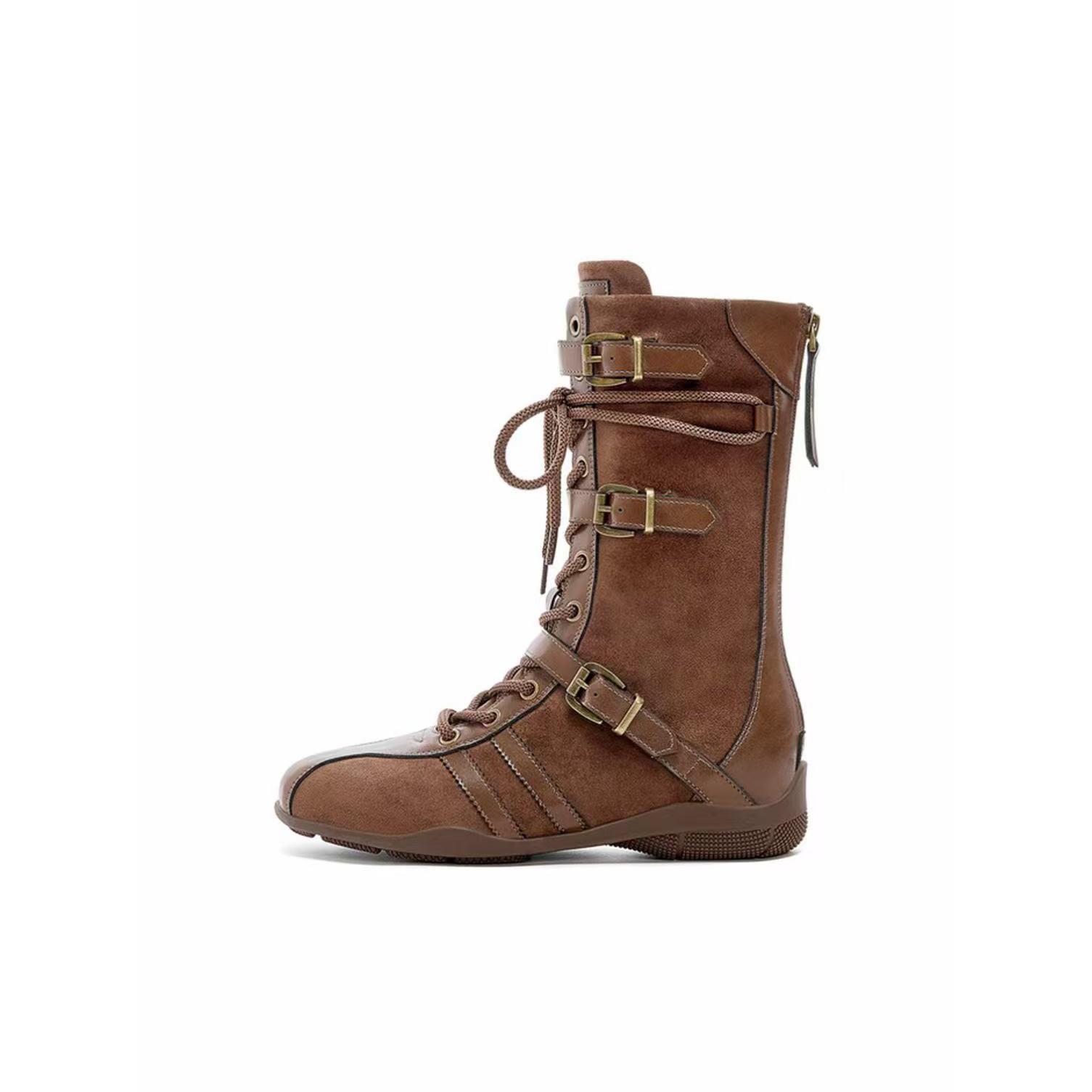 

Han Shi retro leather boxing boots women s autumn 2025 new British Martin boots thick-soled German training medium boots 35