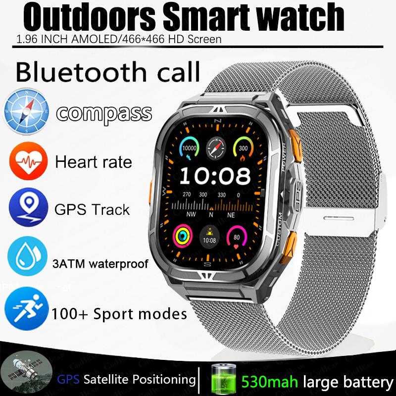 New Sport Smart Watch Men GPS Track 5ATM Waterproof Compass Heart Rate 530mAh Battery 1.96"AMOLED Screen BT Call Smartwatch