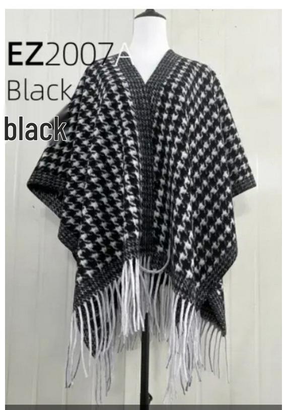 Trendy Imitation Cashmere Houndstooth Plaid Cape Scarf with Tassels for Autumn/Winter