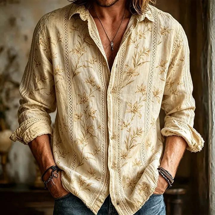 Camisa de Manga Larga para Hombre con Estampado 3D de Vid Bohemio Ropa Casual Suelta de Arte Retro