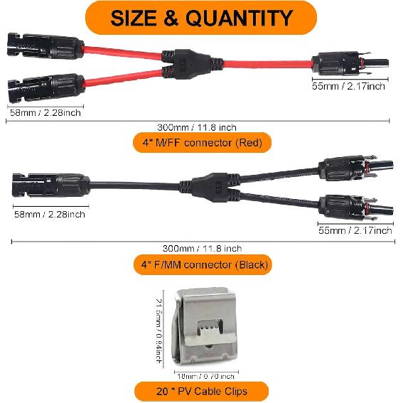 4 Pairs Solar Connector Y Branch Parallel Adapter Cable Wire Plug 2 to 1 Male Female Connectors (M/FF, F/MM) for Solar Panel with PV Cable Clips