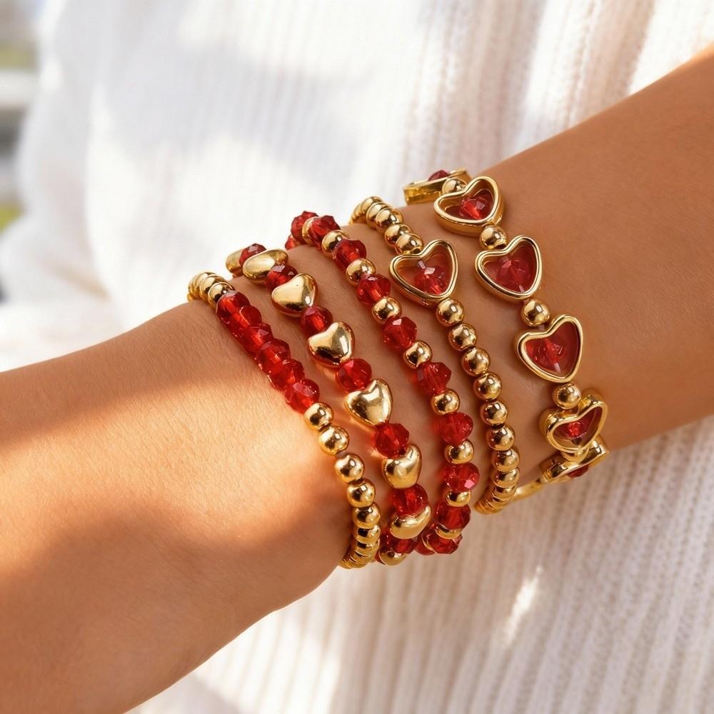 5PCS/SET Elegant Crystal Heart Bracelet Dainty Universal Beaded Bracelet Set Stretch Design Color Blocking