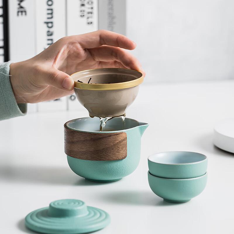 Ceramic Portable Tea Set with Pot and Two Cups