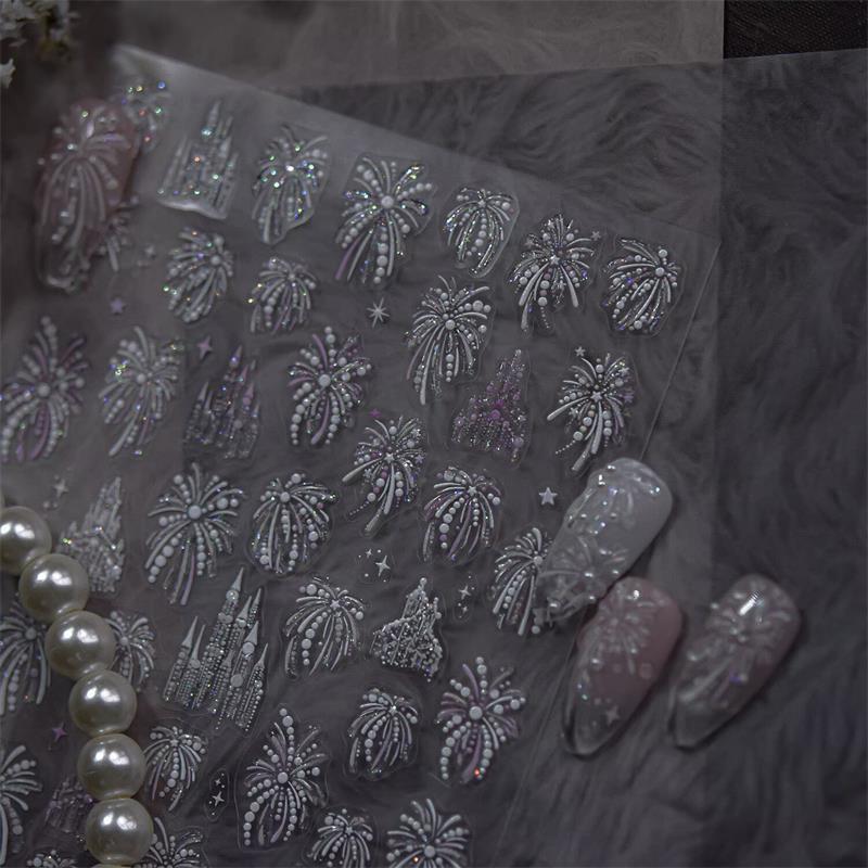 Pretty Colourful Firework Castle Shiny Romantic Pyrotechnics Embossment Self Adhesive Nail Art Stickers New Year Manicure Decals