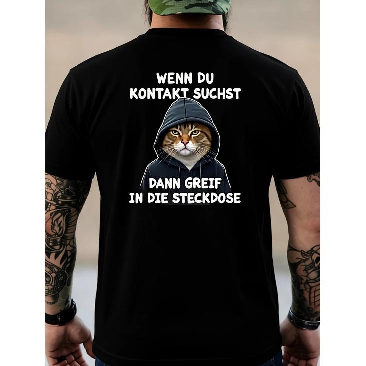 NEW GIFT Men & Women' German Phrase T-Shirt - Humorous Cat Graphic & German Text, Casual Round Neck Short Sleeve Tee, Machine Washable Suitable for