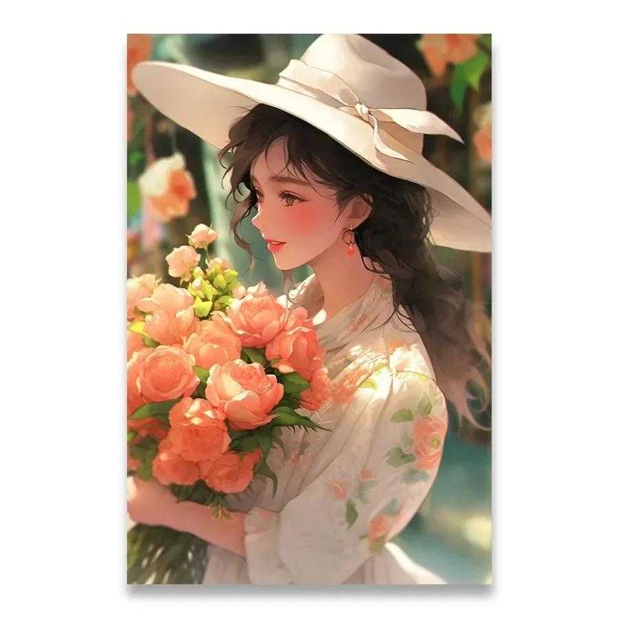 A Girl Who Loves Flowers Decorative Painting Minimalist Aesthetics Print Canvas Painting for Living Room Modern Home Decor