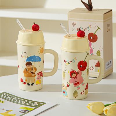 Pojke och flicka keramisk kopp med lock sugrör par drickskopp mugg mjölk frukostkopp souvenir