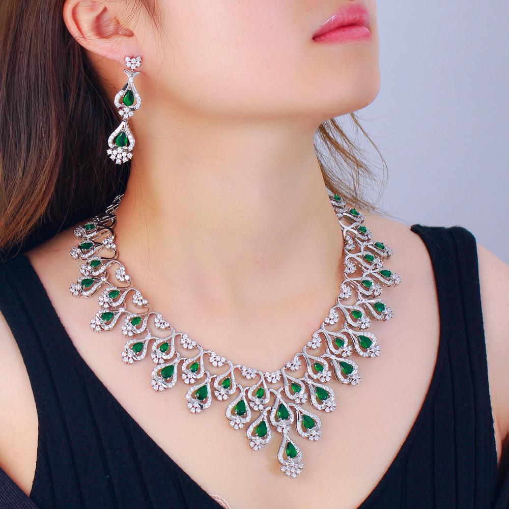 Emerald Crystal Zircon Necklace & Earring Set - Luxury European & American Fashion Bridal Accessories