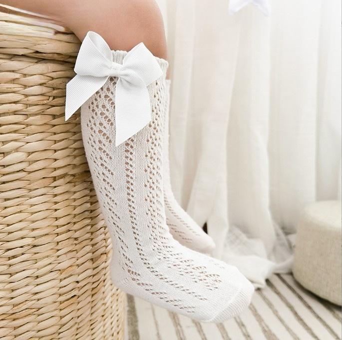 Summer Kids Knee High Socks Baby Girls Boys Bow Long Sock Soft Cotton Mesh Breathable Children Hollow Out Socken For 0-7 Years